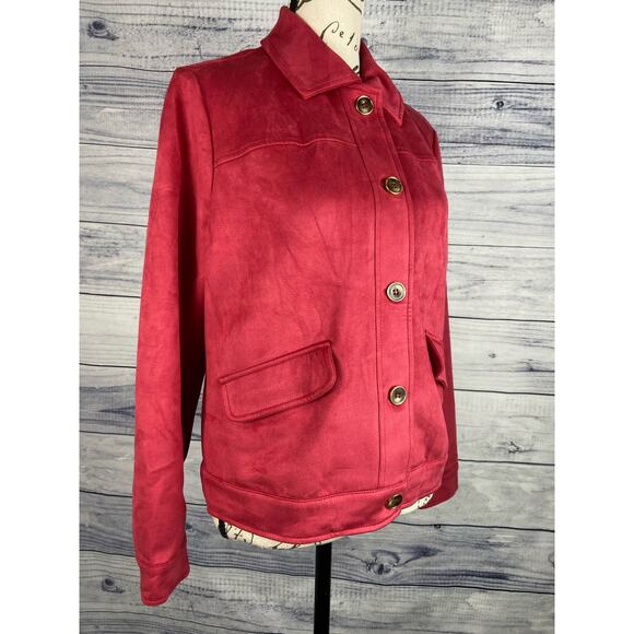 Chicos 0 Faux Suede Jacket Womens S Long Sleeve Collared Front Pockets Magenta - Picture 4 of 12